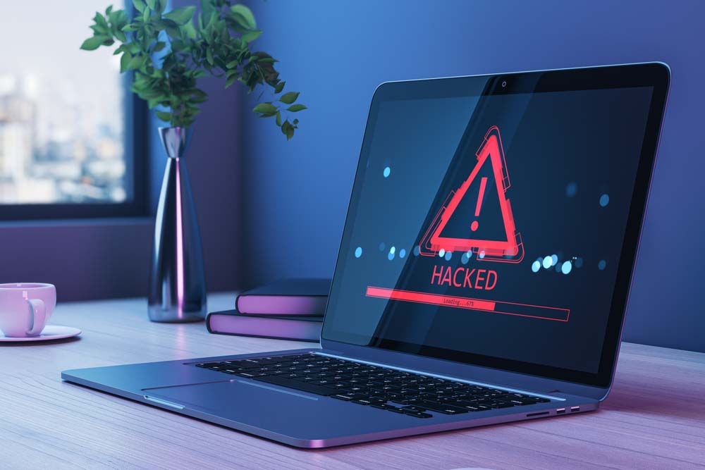 laptop screen showing a “hacked” alert